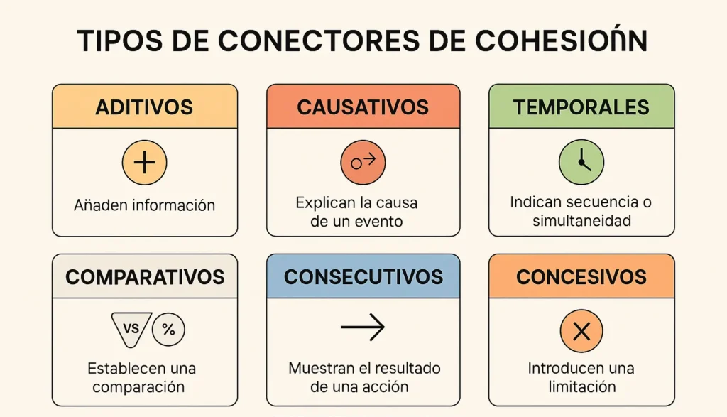 Resumen visual de los tipos de conectores de cohesión con íconos y funciones