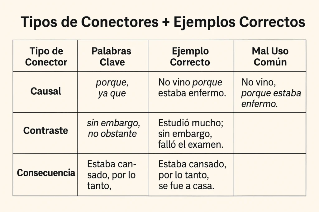 Tabla con tipos de conectores, ejemplos correctos y errores comunes causal, contraste y consecuencia.

