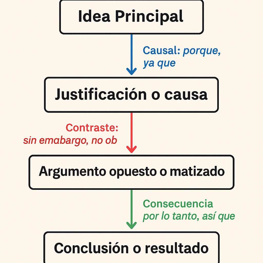Diagrama de flujo con conectores de párrafos causal, contraste y consecuencia, conectando ideas desde la principal hasta la conclusión.
